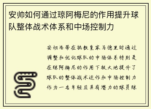 安帅如何通过琼阿梅尼的作用提升球队整体战术体系和中场控制力